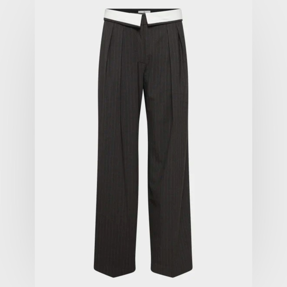 Aritzia Black Pinstripe Wide-Leg Trousers with White Waistband